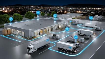 Urban night operations aerial view of efficient logistics warehouse and optimization strategies