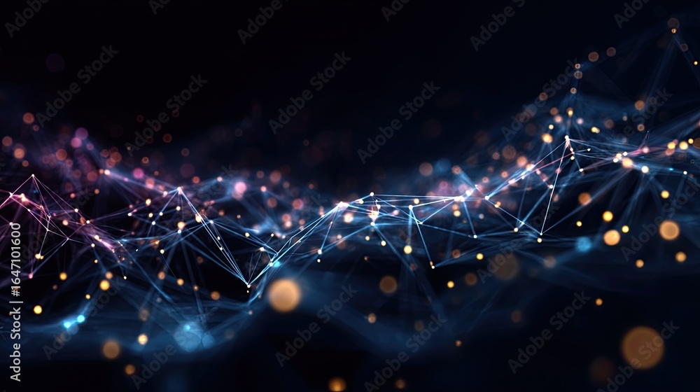 Poster captivating abstract network of glowing nodes and lines shimmering with ethereal light, evoking futu