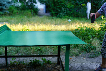 Playing ping pong outdoors on a sunny day in a green garden with a vibrant table and ball in motion