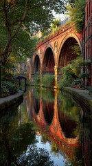 Fototapeta premium Canal bridge reflection in tranquil water, autumnal colors