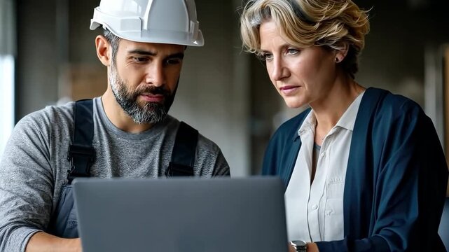 Construction professionals collaborate on project planning using a laptop in a modern workspace