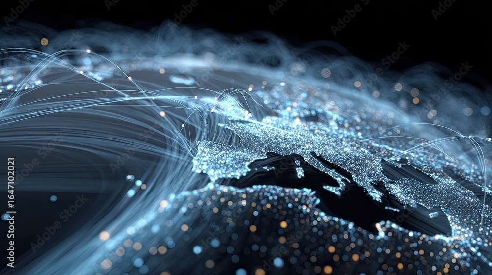Poster dynamic global network visualization connecting continents with vibrant light trails, illustrating d