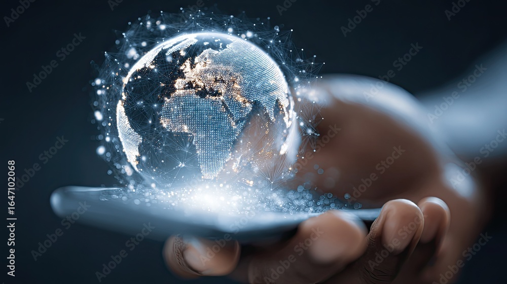 Poster dynamic digital globe with glowing connections held in a modern hand, symbolizing global connectivit