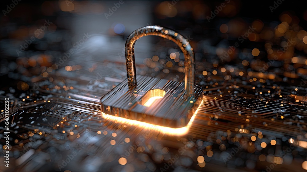 Poster secure digital world protected by glowing padlock on intricate circuit board, representing cybersecu