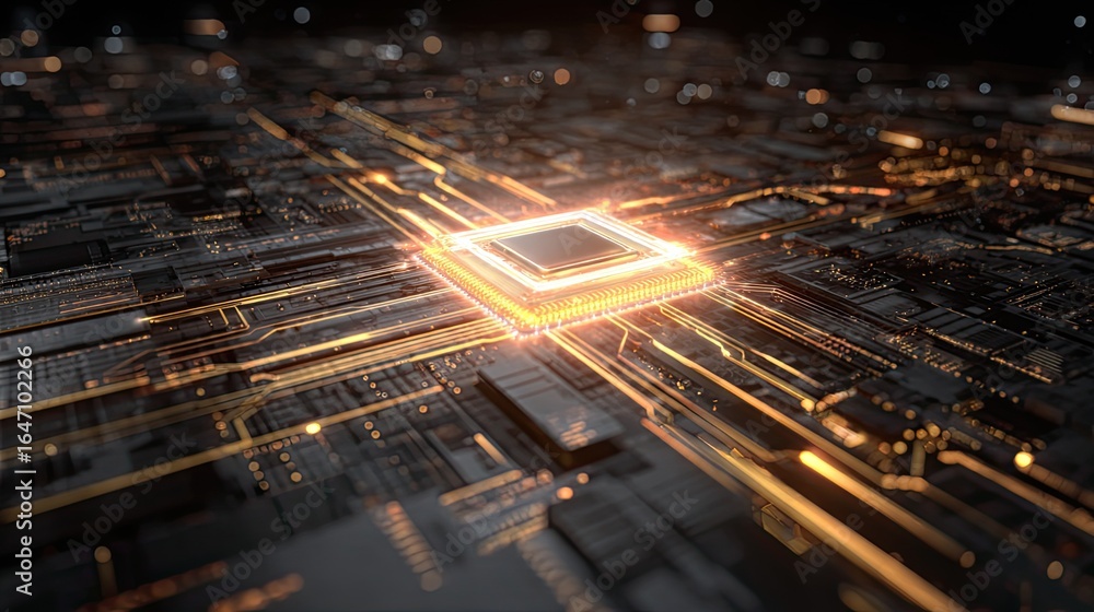 Poster glowing central processor on a futuristic motherboard, circuits pulsing with vibrant orange light, s
