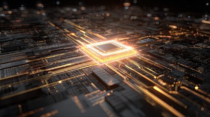 Glowing central processor on a futuristic motherboard, circuits pulsing with vibrant orange light, symbolizing advanced technology and data flow in a digital world