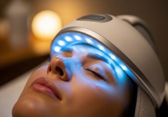 Relaxed Woman Receiving Led Light Therapy Facial in Spa or Clinic Setting