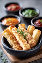 Colorful display of delicious tequeos served with a variety of dipping sauces