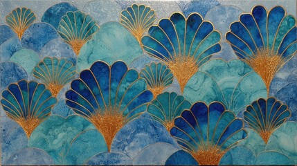 Abstract seashell motif, teal & gold