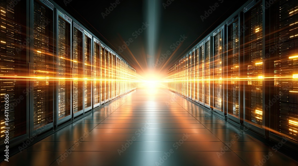 Poster illuminated data center corridor with glowing servers and bright light tunnel effect symbolizing dig