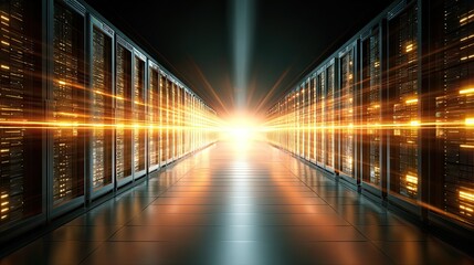 Illuminated data center corridor with glowing servers and bright light tunnel effect symbolizing digital transformation and technological advancement
