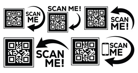 Bold black and white QR code designs with “SCAN ME!” text, arrows, and smartphone icons. Clean, directive style on white background, ideal for mobile scanning and tech instruction concepts.