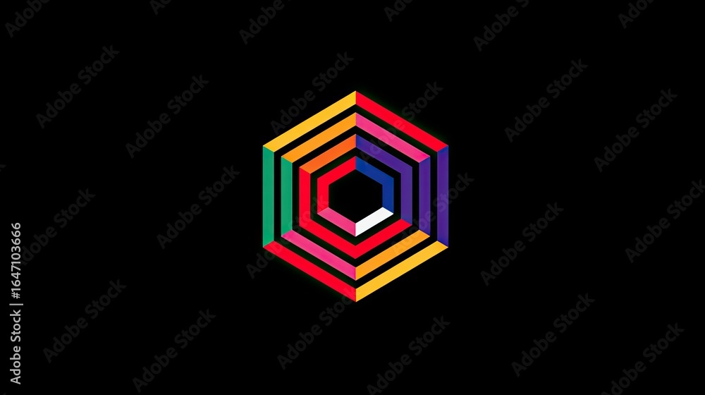 Poster dynamic geometric hexagon pattern with vibrant rainbow gradient layers on a stark black background s