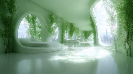 Futuristic green eco-friendly interior design with beds, plants, and large windows offering a city view.