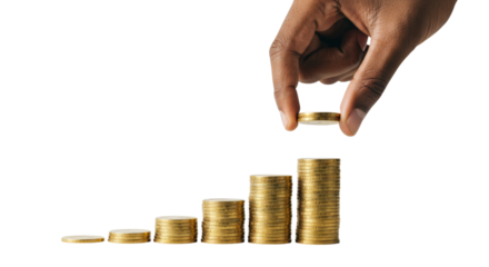 Hand stacking gold coins in growing piles isolated on white background