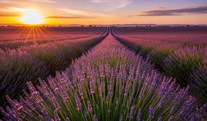 Obraz premium Golden sunset bathes vast lavender fields in warm light, creating a stunning, serene landscape.