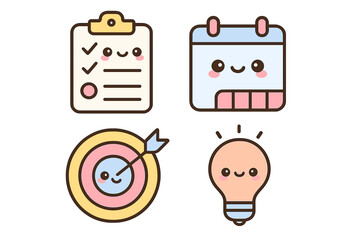 Cute icons representing checklist, calendar, target, and light bulb planning structure icons