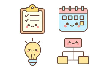 Cute icons representing checklist, calendar, light bulb, and flowchart planning structure icons