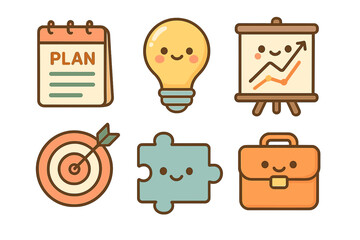 Cute business icons including plan, light bulb, and target business planning system