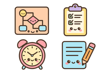 Kawaii icons of flowchart, checklist, alarm clock, and notepad workflow planning icons