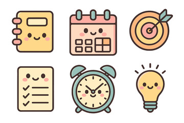 Cute icons of planner, calendar, checklist, clock, and light bulb planning structure icons
