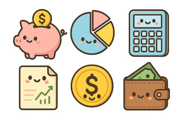 Cute financial icons including piggy bank, calculator, and wallet financial planning icons