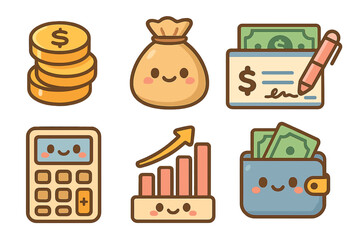 Cute financial icons featuring money, calculator, and growth charts financial planning icons