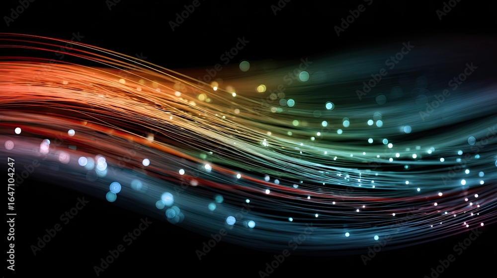 Poster dynamic fiber optic strands create a vibrant, flowing wave of light with bokeh highlights, evoking m