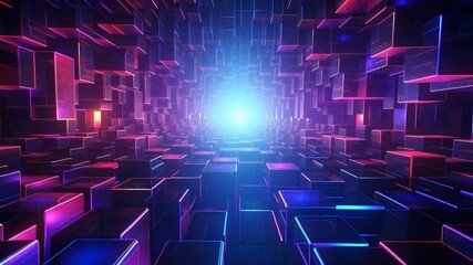 Abstract futuristic digital tunnel with glowing neon blue and purple cubes receding into a bright light, representing technology, data, and connectivity in a modern cyberspace - Powered by Adobe