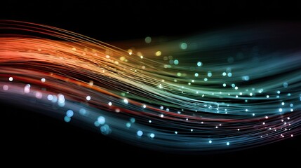 Dynamic fiber optic strands create a vibrant, flowing wave of light with bokeh highlights, evoking modern technology and digital connection in a stunning abstract display.