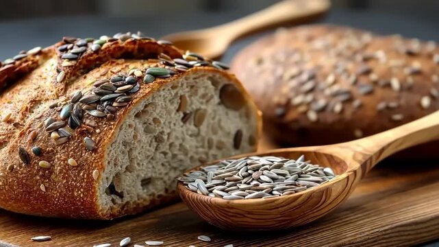 Freshly baked bread with sunflower seeds and a spoon of seeds on a rustic wooden board in a warm kitchen setting