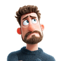 Cartoon man with worried expression, looking up with doubt and concern, isolated on transparent background