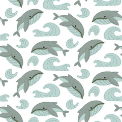 Pattern soft whale-shaped pillow. Blue sea character with sea waves. Flat isolated colorful seamless texture. Cute handmade decor. Love, comfort for children. Packaging for children's products