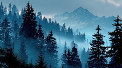 Misty mountain forest panorama