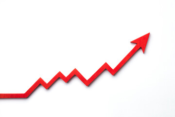 A red upward arrow on a white background, symbolizing growth or rising trends in finance or...