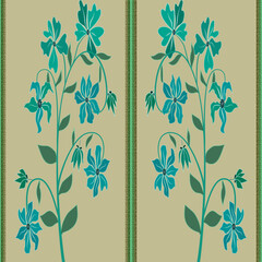 Mirrored teal vines on beige, bearing stylized six-petal blooms, buds, and rounded leaves. Twin green borders frame a calm, seamless textile motif.