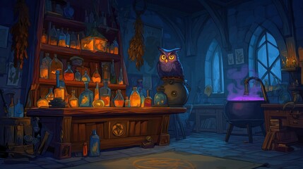 Mystical wizard's laboratory with owl, glowing potions, and bubbling purple cauldron