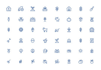 Minimalist farming icons for UI: thin line agriculture, plantation, garden, gardening, harvest, mill, editable vector art, sustainable farming, crop production, organic gardening and more.