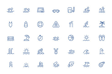 Minimalist thin linear swimming icons for UI: athletic lifestyle, summer vacation, holiday, life, editable vector stroke, thin line design, water sport, swim gear, beach, fitness, aquatic and more.