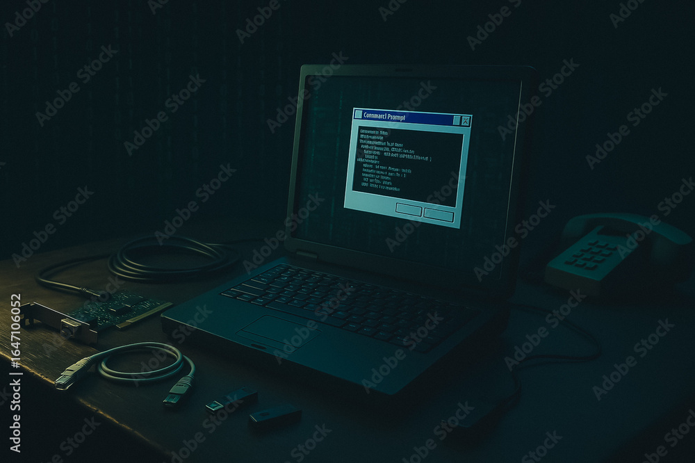 Poster digital labyrinth: an aged laptop, illuminated in a dimly lit setting, showcases lines of code on it