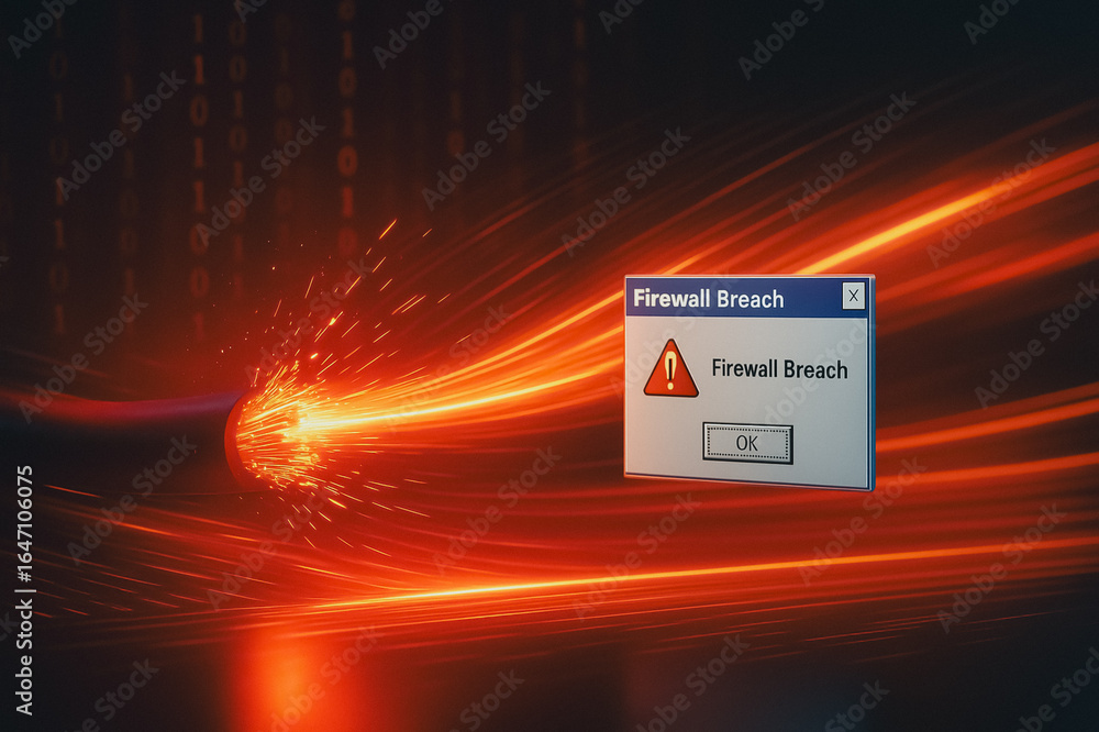 Poster firewall breach: conceptual visual highlighting a critical security alert with a striking digital di