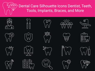 Dental Care Icons. including oral hygiene, treatment, health, clinic services. line icons depicting 
various aspects of dental care