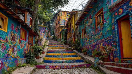 Fototapeta premium Vibrant street art transforms colorful urban alleyway into a lively pedestrian pathway, inviting exploration and cultural immersion