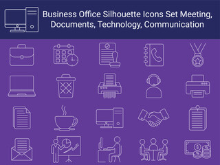 Office icons on a purple background representing work and business tasks. Includes computer, 
calendar, briefcase, and more. Office Business Icons