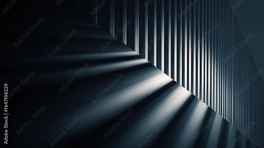 Poster dramatic diagonal light beams illuminate a modern architectural facade with sleek vertical lines, cr