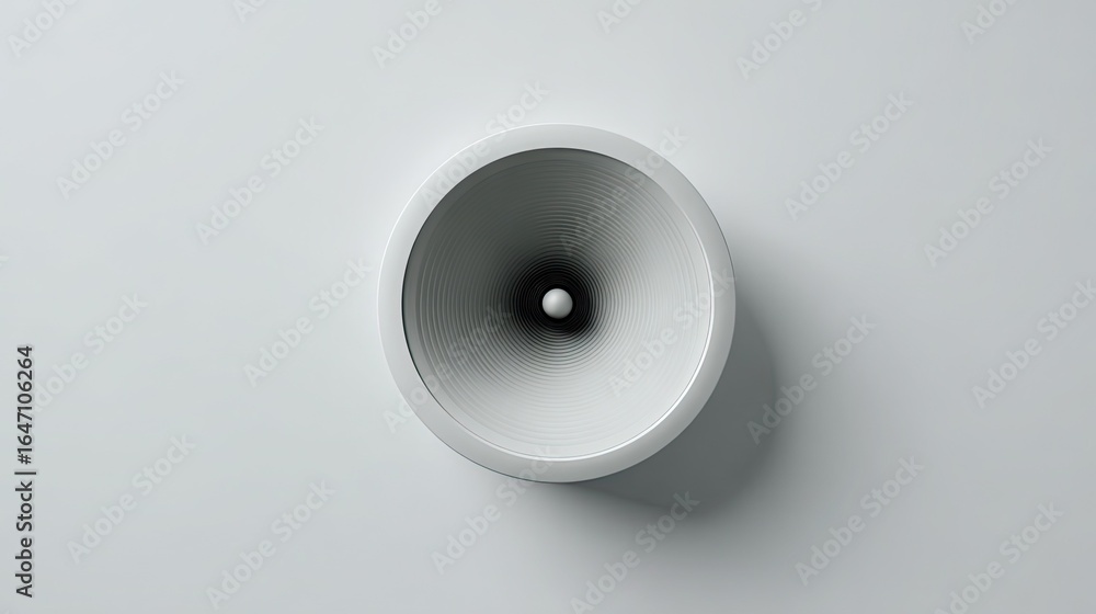 Poster sleek modern white speaker cone with subtle concentric ripples and a central sphere, casting a soft 