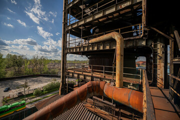 Abandoned Heavy Industrial Ruins with Large Blast Furnace in Steelworks
