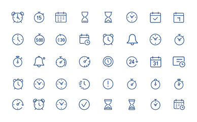 Time and Date icon collection featuring alarm, countdown, calendar, day, hourglass, clock, minimalist modern icons with editable stroke, vector illustration, time management, schedule and more.