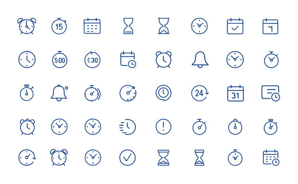 Time and Date icon collection featuring alarm, countdown, calendar, day, hourglass, clock, minimalist modern icons with editable stroke, vector illustration, time management, schedule and more.