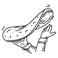 chef's hands are tossing the pizza dough. Grunge, shading, marker, ink. Professional stretching of the dough. Pizza, cooking in progress. Monochrome drawing with black lines on a white background.